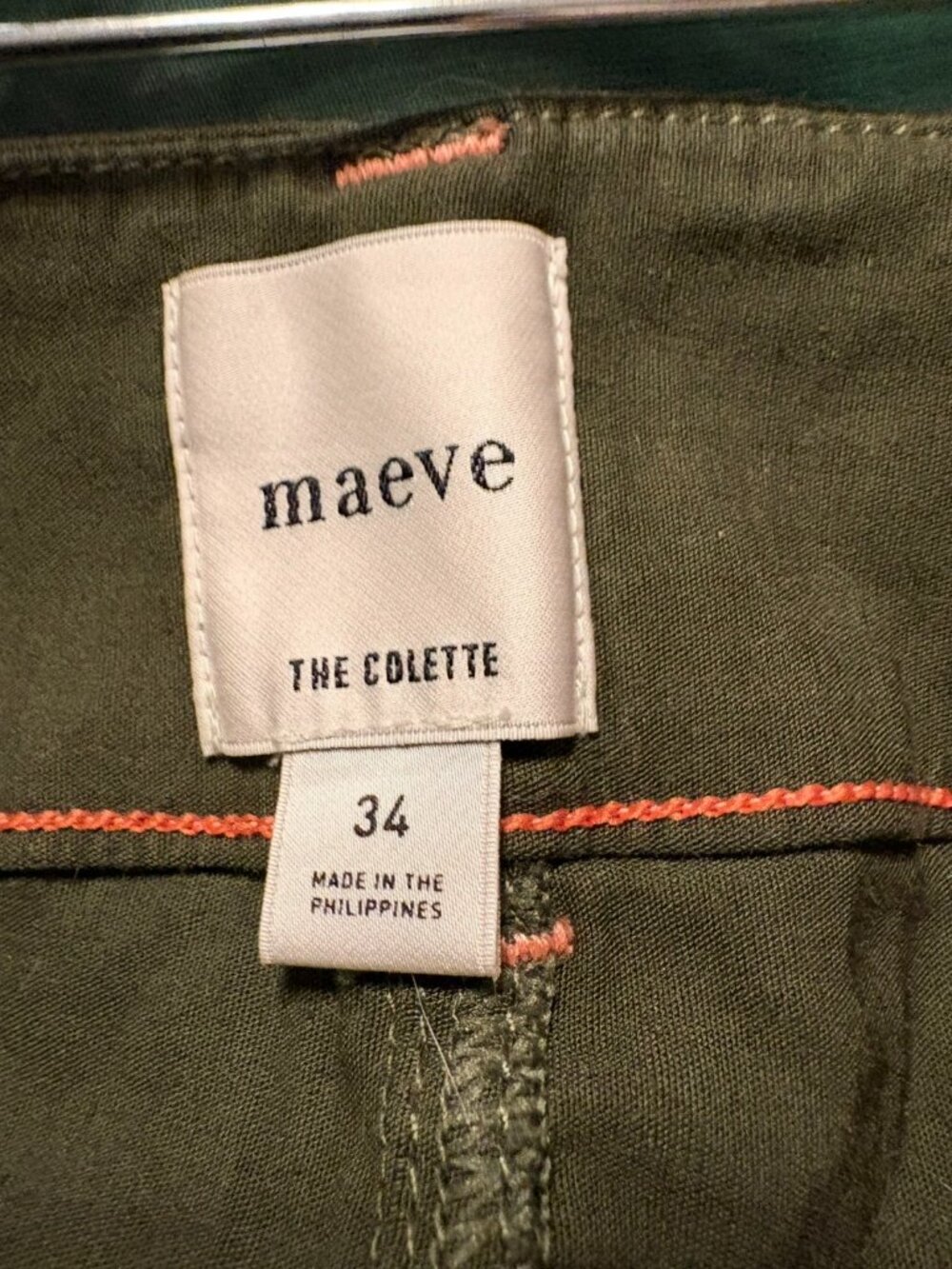 Maeve Olive High Rise Magic Fabric Colette Pants Olive Peach Piping 34 - Picture 3 of 4